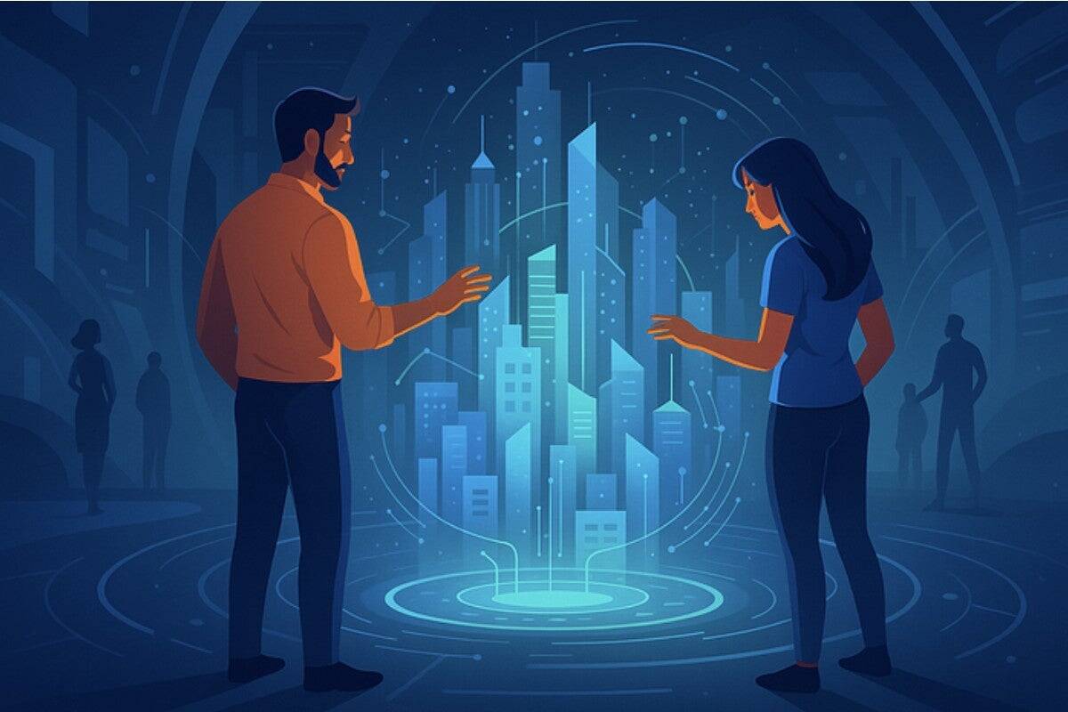 two people looking at a futuristic city